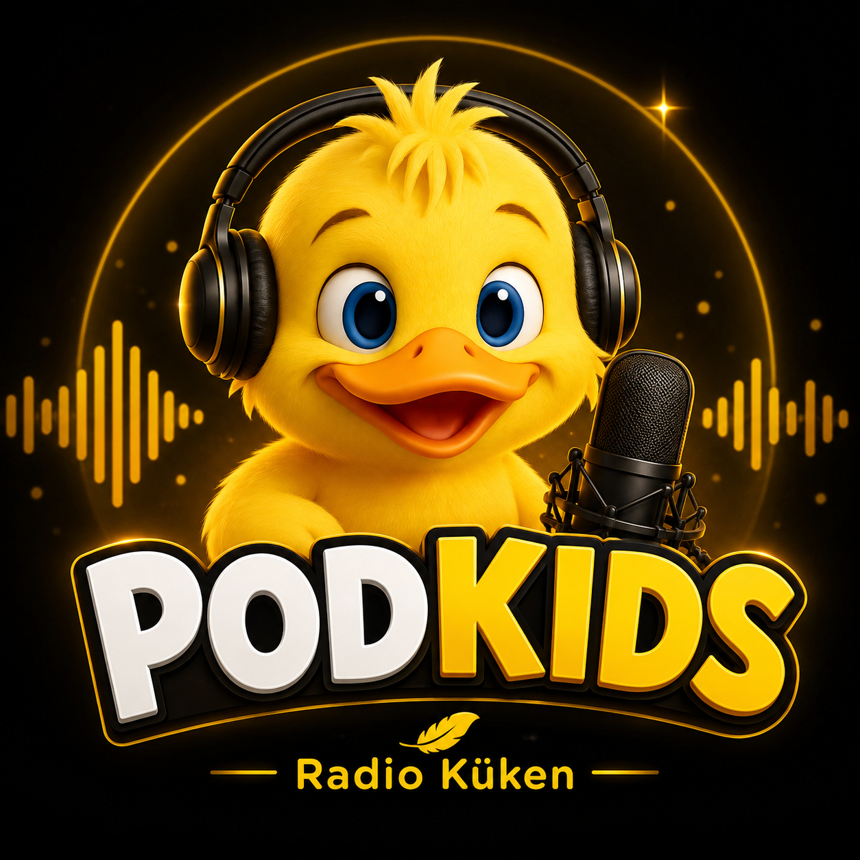 PODKIDS – Radio Küken Podcast-Cover mit Küken, Kopfhörern und Mikrofon